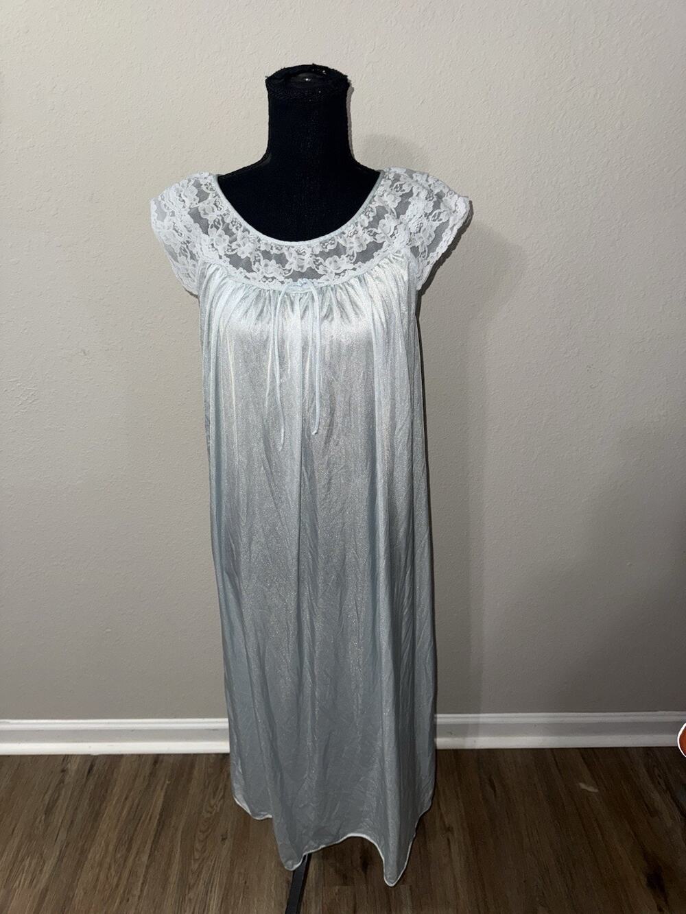 Vintage Light Blue Nylon Nightgown Medium Lace Yoke Cap Sleeve Maxi Sleepwear